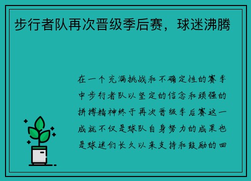 步行者队再次晋级季后赛，球迷沸腾